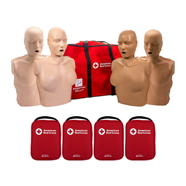 Two male and two female Prestan Professional Manikins with a Red Cross CPR manikin case and Four AED Trainers in American Red Cross carrying cases.