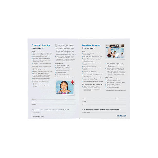 Swim Lessons Achievement Booklet open to overview of skills for Preschool Aquatics Levels 1 and 2.