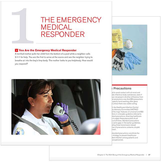 Emergency Medical Response (EMR) Textbook showing the first page of Chapter 1: The Emergency Medical Responder overlapping page 27 of Chapter 2: The Well-Being of the Emergency Medical Responder.