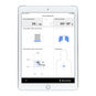 An iPad showing CPR metrics including number of compressions, CPR event period, compression depth, ventilation volume and hand position.