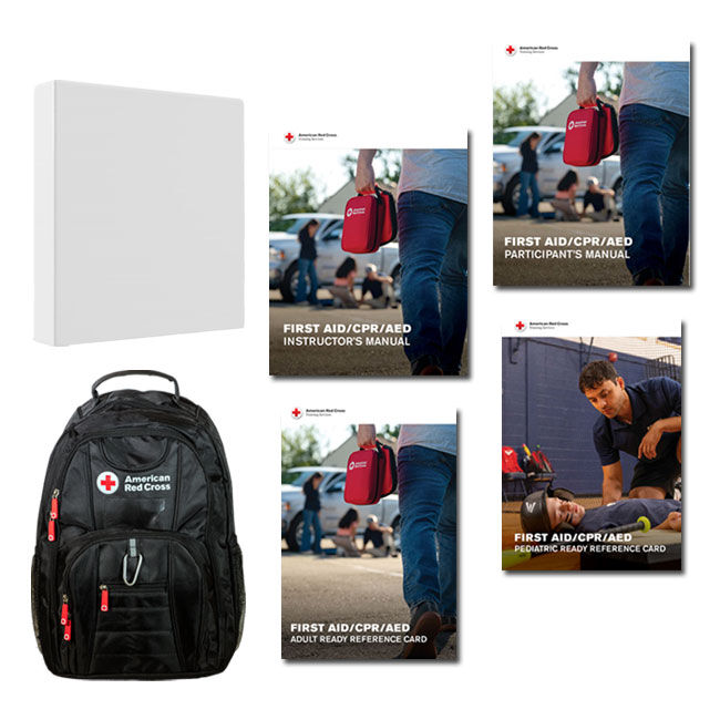 Red Cross Backpack, 3-Ring Binder and First Aid/CPR/AED Instructor Manual, Participant Manual, Adult Reference Card and Pediatric Reference Card.