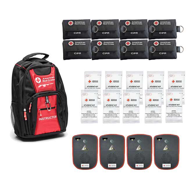 American Red Cross backpack, AED Trainers, CPR keychains, and Student First Aid and CPR Combination Training Packs.