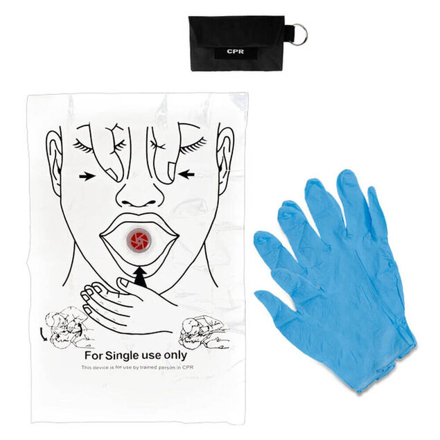 CPR Keychain, Face Shield with 1-Way Valve, 1 Pair Latex Free Nitrile Gloves.
