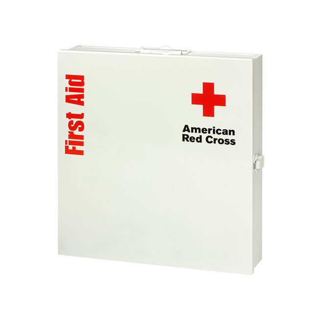 Metal cabinet of the Large 50-Person Workplace ANSI A+ First Aid Kit showing the front and cabinet latch on the side.