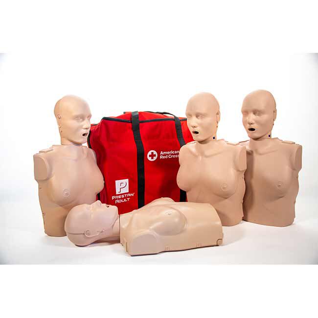 4 Prestan Professional Adult Female CPR Feedback Manikins with Tan Skin and Red Cross Carrying Case.