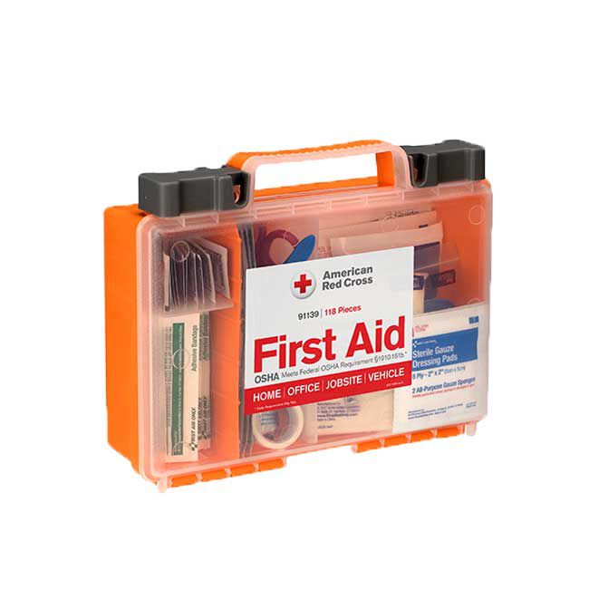 Medium 25-Person First Aid Kit showing the front and side of the box with the kit contents visible through the box.