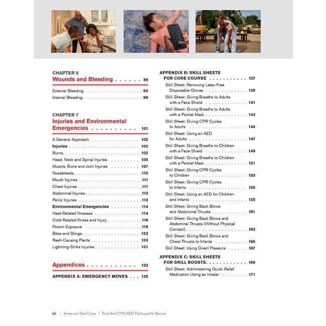 First Aid/CPR/AED Participant Manual - table of contents with overviews of Chapters 6 & 7 and the Appendices.
