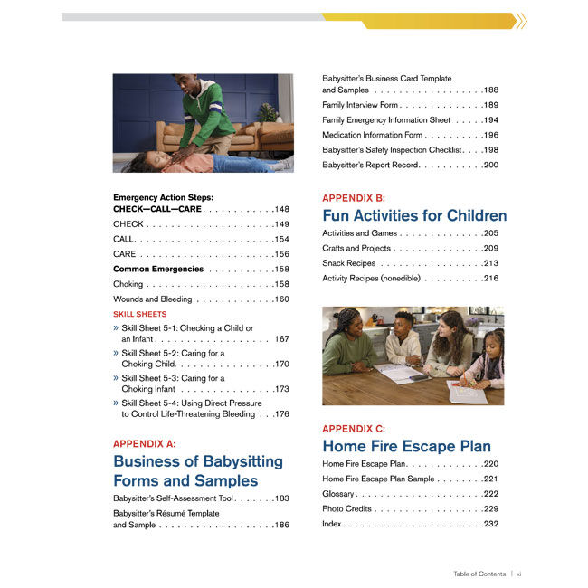 Babysitter Training Handbook with topics: Emergency Action Steps, Businesses of Babysitting Forms and Samples, Fun Activities for Children, and Home Fire Escape Plan.