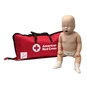 Prestan Infant Manikin with CPR Monitor sitting upright next to an American Red Cross carrying bag.