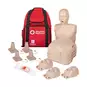 Tan Prestan Adult CPR Manikin stood upright, 3 manikin chests stacked together, 3 manikin heads, 4 feedback pistons, Red Cross carrying case, and face shield.