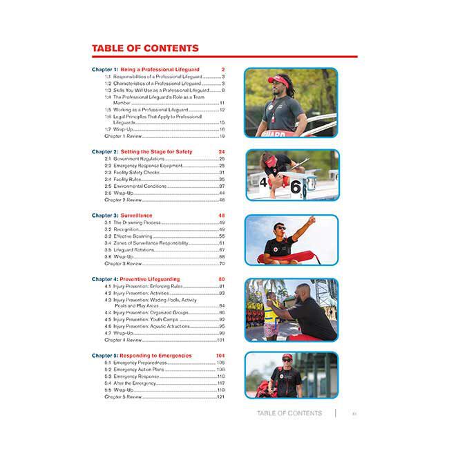 Red Cross Lifeguarding Manual Table of Contents featuring topics: Being a Professional Lifeguard, Setting the Stage for Safety, Surveillance, Preventive Lifeguarding, and Responding to Emergencies.