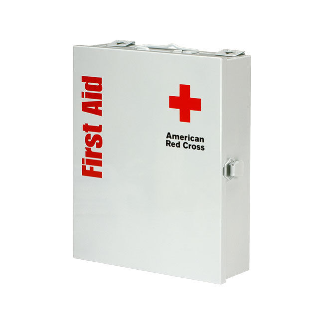 Metal cabinet of the Medium 25-Person Workplace ANSI A+ First Aid Kit showing the front and cabinet latch on the side.