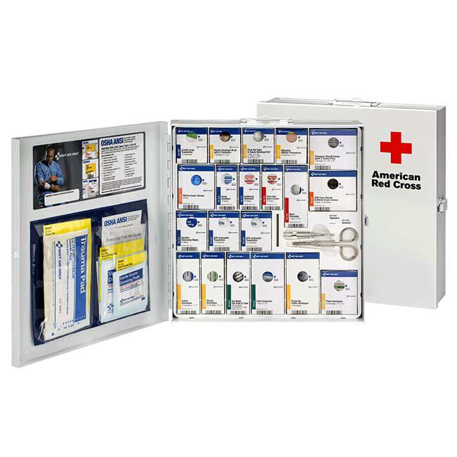 An open Large 50-Person Workplace ANSI A+ First Aid Kit showing the 182 contents in front of a closed Large 50-Person Workplace ANSI A+ First Aid Kit.