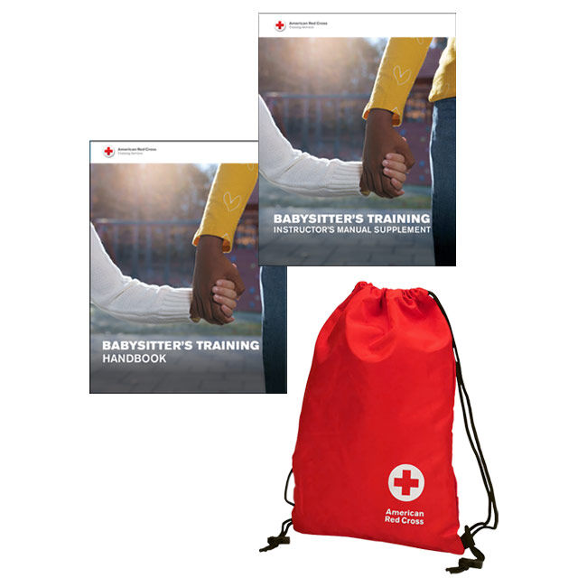 Babysitter's Training Instructor Kit contents: Babysitter's Training Handbook, Babysitter's Training Instructor's Manual Supplement, and Red Cross String Backpack.