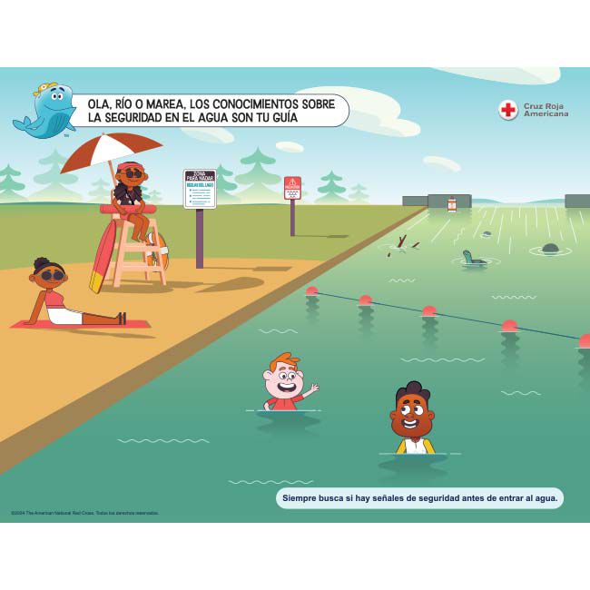 Wave, River Or Tide, Knowledge About Water Safety Is Your Guide WHALE Tales Poster, in Spanish.