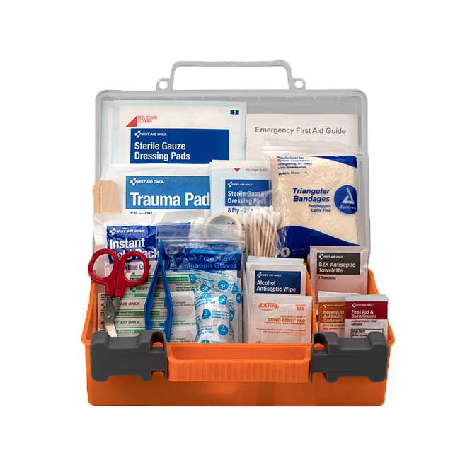 Medium 25-Person First Aid Kit, open, showing the 118 pieces of contents in the box - view from straight on.