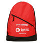 Basic 5-Person, 72-Hour (3-Day) Emergency Kit Backpack by the American Red Cross &mdash; Red backpack with logo, designed to carry emergency supplies like blankets, ponchos, masks, hygiene kits, flashlight, gloves, and a collapsible water container.