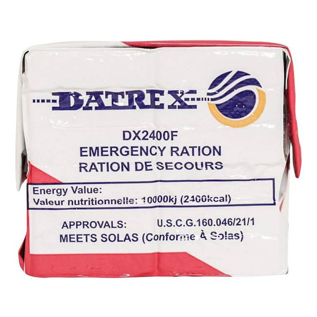 Front view of Datrex DX2400F Emergency Ration food bars package, Coast Guard approved, 2,400 calories, vacuum sealed survival rations.