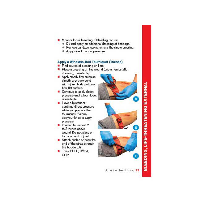 Emergency First Aid Reference Guide page on applying a windlass-rod tourniquet.
