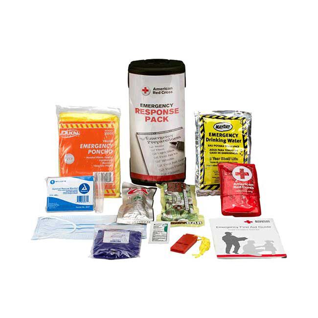 American Red Cross Emergency Response Pack items including Drinking Water, First Aid Guide, Whistle, Poncho, Bandages, Mask, Wipes, and Emergency Blanket.