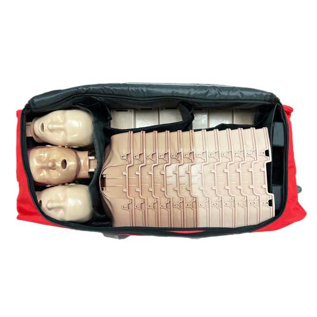 6 brown skin and 6 tan skin Prestan Ultralite Adult CPR Manikins stacked together inside a carrying case - top-down view.