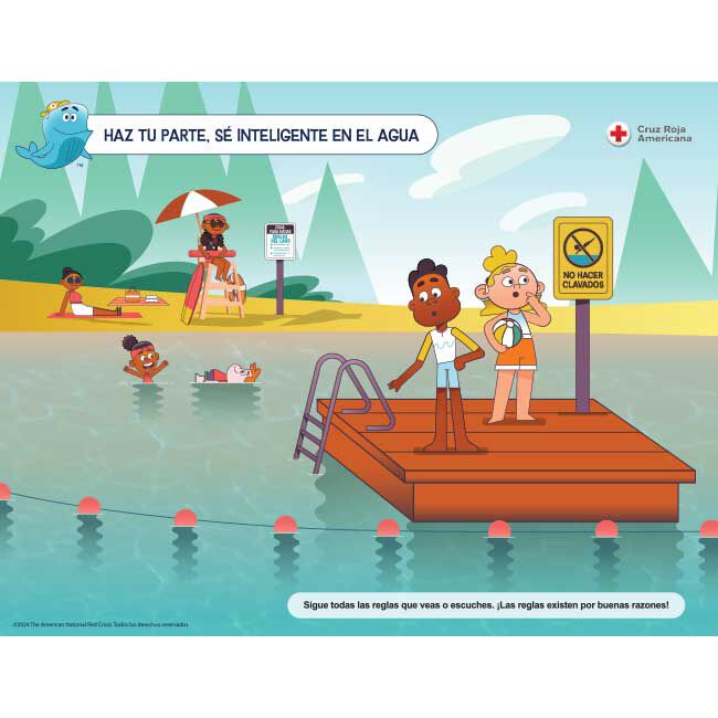 Do Your Part, Be Smart In The Water WHALE Tales Poster, in Spanish.