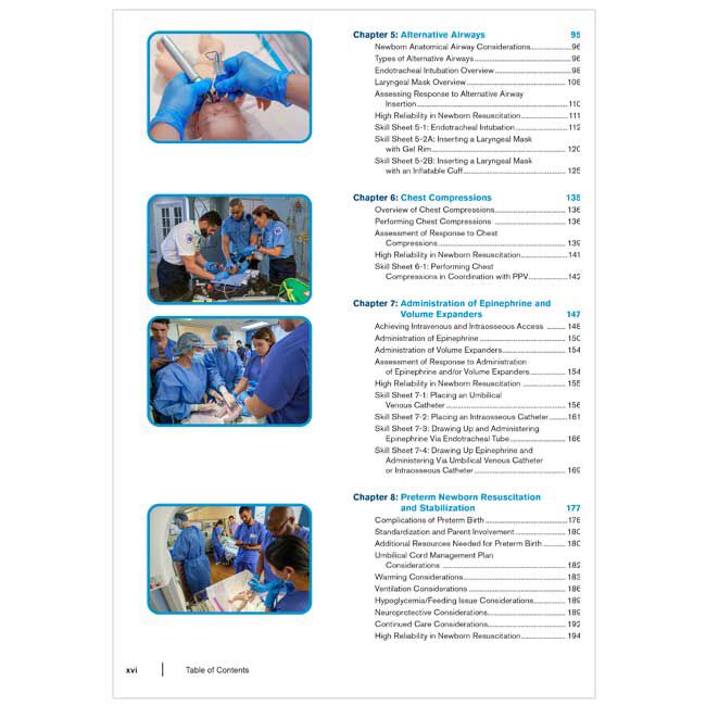 Neonatal Advanced Life Support (NALS) Participant&rsquo;s Manual table of contents showing chapters alternative airways, chest compressions, administration of epinephrine and volume expanders, preterm newborn resuscitation and stabilization.