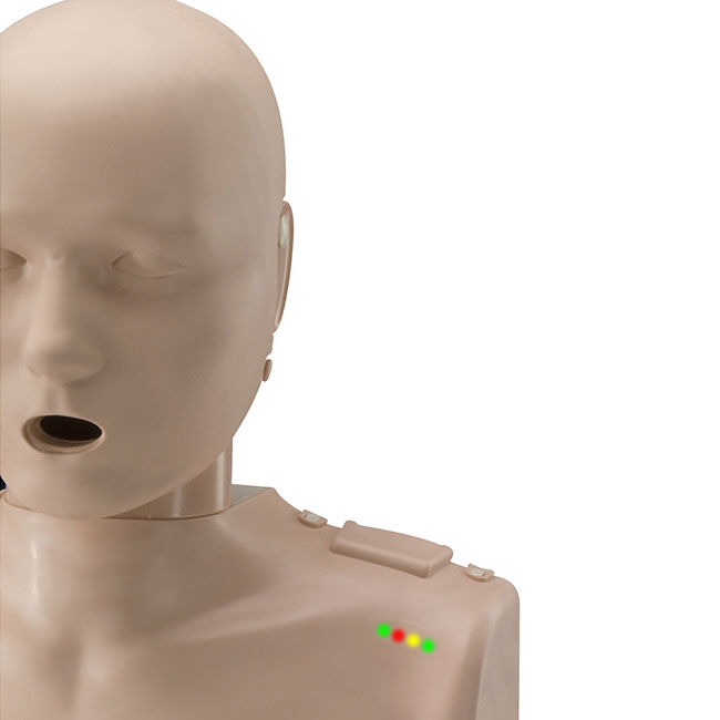 Prestan Adult Manikin with LED lights in the shoulder to provide CPR compression feedback.