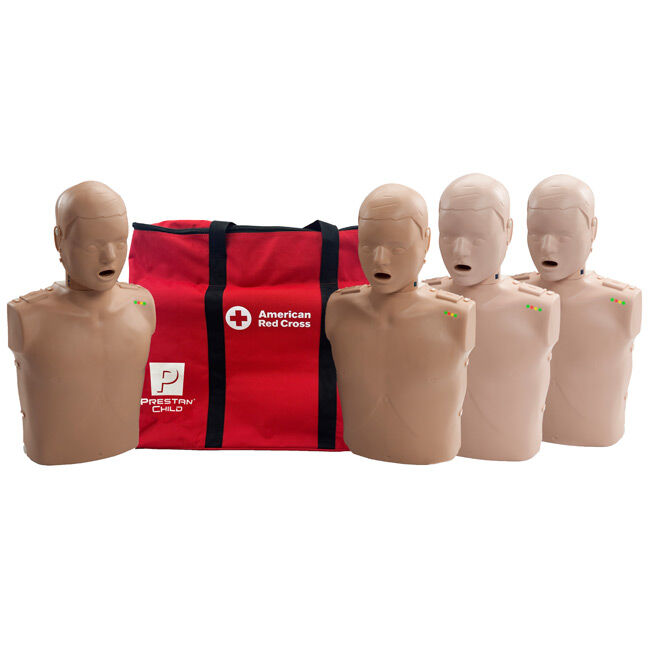 Four Prestan Professional Child CPR Manikins with Tan and Brown Skin next to American Red Cross Bag.