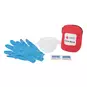 Pair of blue nitrile gloves, Adult/Child CPR Mask with One Valve, two alcohol cleansing pads, and the Adult/Child CPR Mask Soft Case.