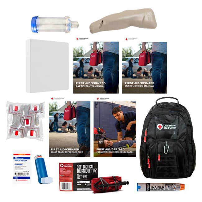 Red Cross Backpack, Tourniquet Trainer, Tourniquet, Nasal Spray Trainer, Epinephrine Trainer, Inhaler Trainer and Spacers, and Manuals/Reference Cards for First Aid/CPR/AED Training.