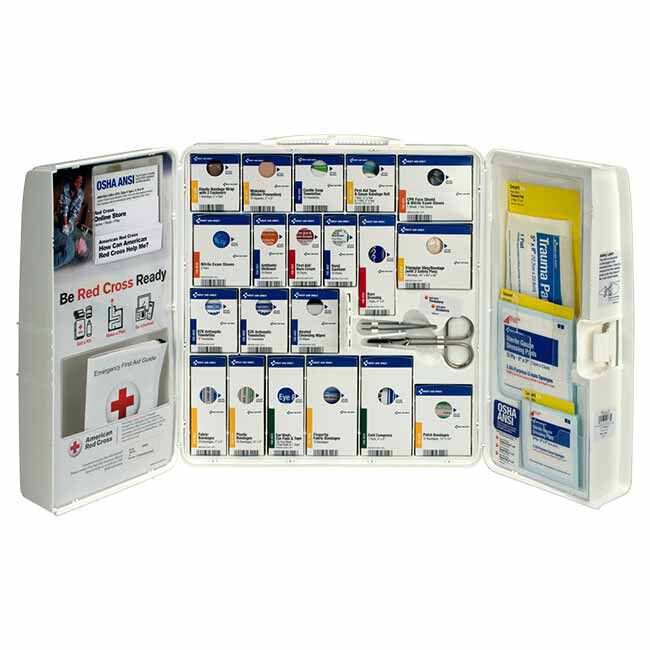 Large 50-Person Workplace ANSI A+ First Aid Kit, open, showing the 82 kit contents.