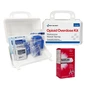 NARCAN&reg; Nasal Spray, a closed Opioid Overdose Kit plastic case and an open case with face shields, antiseptic wipes, gloves and gauze pads inside.
