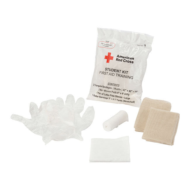 American Red Cross Student Kit First Aid Training packaging, pair of white nitrile gloves, 1 roller bandage, 2 gauze pads, and 2 triangular bandages.