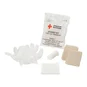 American Red Cross Student Kit First Aid Training packaging, pair of white nitrile gloves, 1 roller bandage, 2 gauze pads, and 2 triangular bandages.