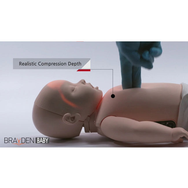 Brayden Advanced Infant CPR Manikin with Feedback showing realistic compression depth from a side view.