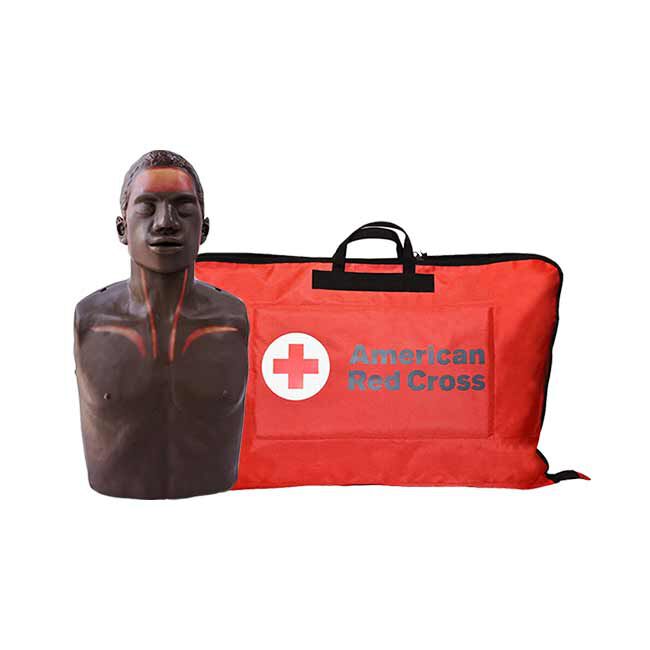 The Brayden/BigRed OBI Adult CPR Manikin with LED Red Light CPR Feedback with Brown Skin Standing Upright Next to an American Red Cross Carrying Case.