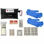 Red Cross First Aid Kit Keychain (black) with first aid supplies.