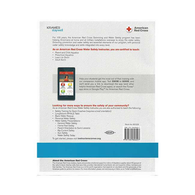 Red Cross Water Safety Instructor Manual back cover showing topics that instructors are certified to teach and the Red Cross Swim App information.
