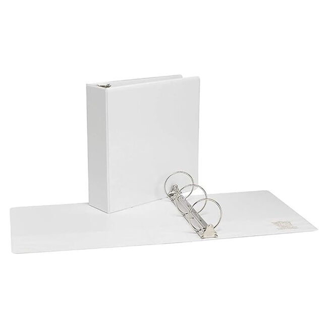 Two 3 inch round 3-ring binders - one standing upright and one open.