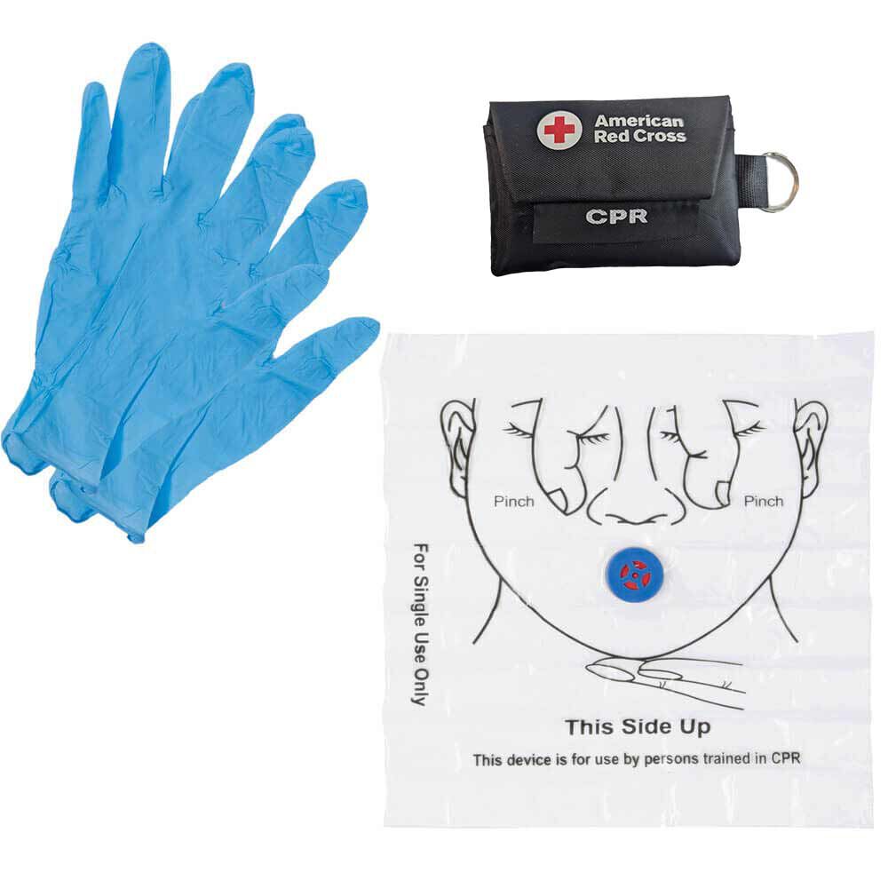 Pair of Latex Free Nitrile Gloves, Black CPR Keychain, and Face Shield with 1-Way Valve and Instructions for Use.