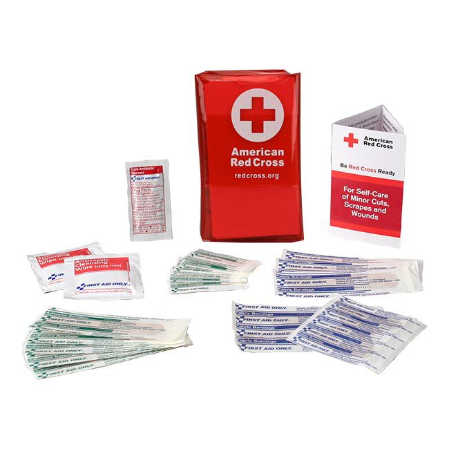 American Red Cross Pocket First Aid Kit with bandages, cleaning wipes and pamphlet for caring for minor cuts, scrapes and wounds.