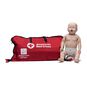 Prestan Infant Manikin with CPR Monitor sitting upright next to an American Red Cross carrying bag.