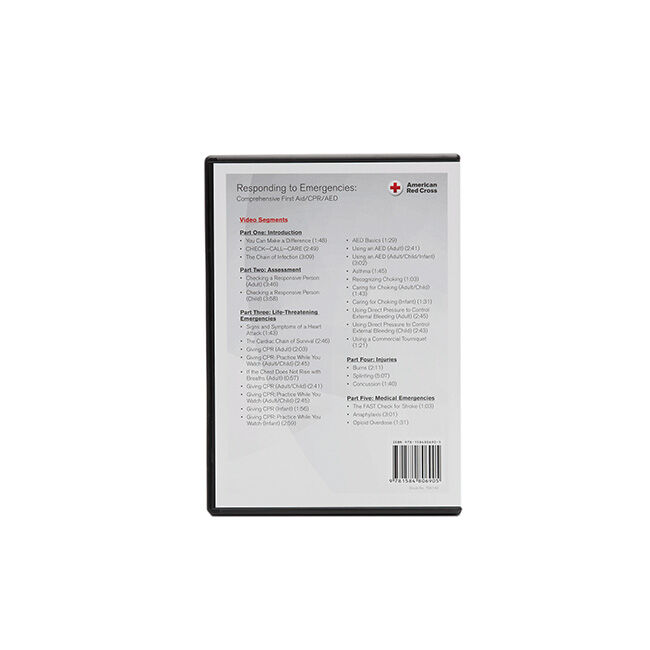 Back cover of the Responding to Emergencies (RTE): Comprehensive First Aid/CPR/AED DVD overviewing the video segments of the DVD.