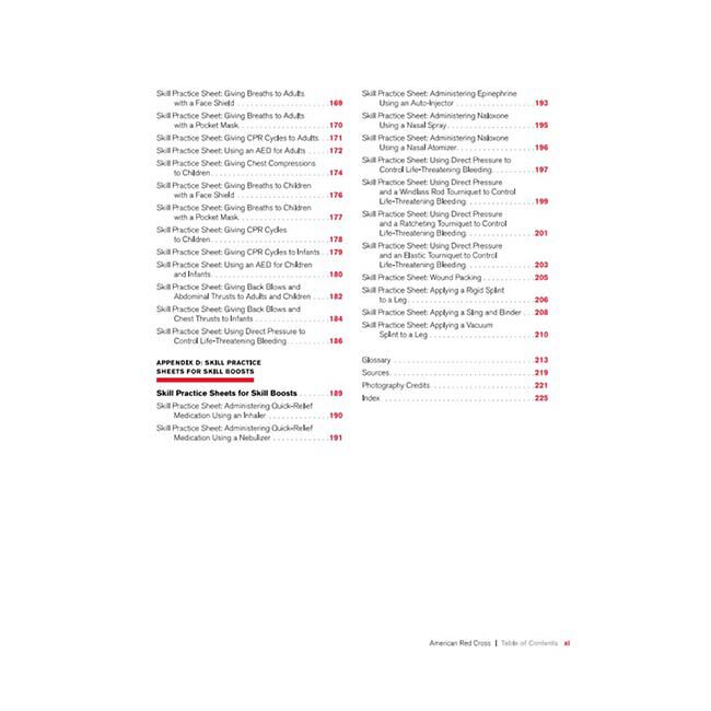 First Aid/CPR/AED Participant's Manual Table of Contents for Skill Practice Sheets, Appendix, Glossary, Sources, Photography Credits, and Index.