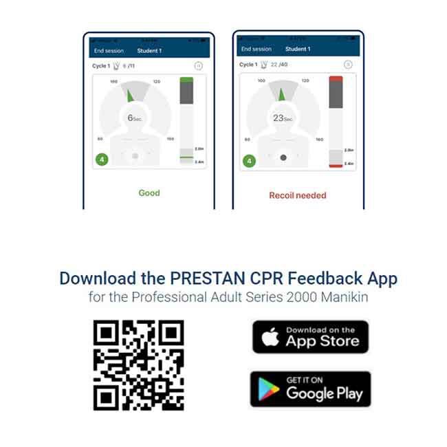 Screenshots of the Prestan CPR Feedback App with download logos for the Apple Store and Google Play, and a QR code.
