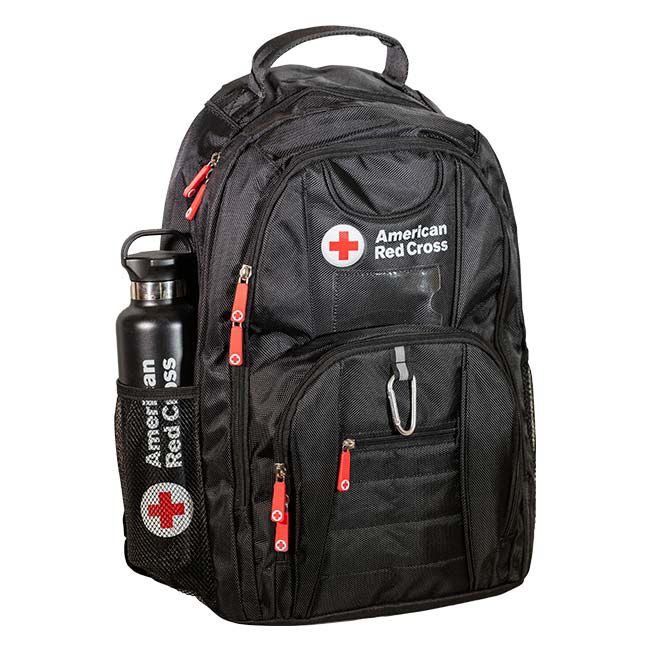 American Red Cross Black Backpack with a Red Cross branded water bottle in the side pocket.