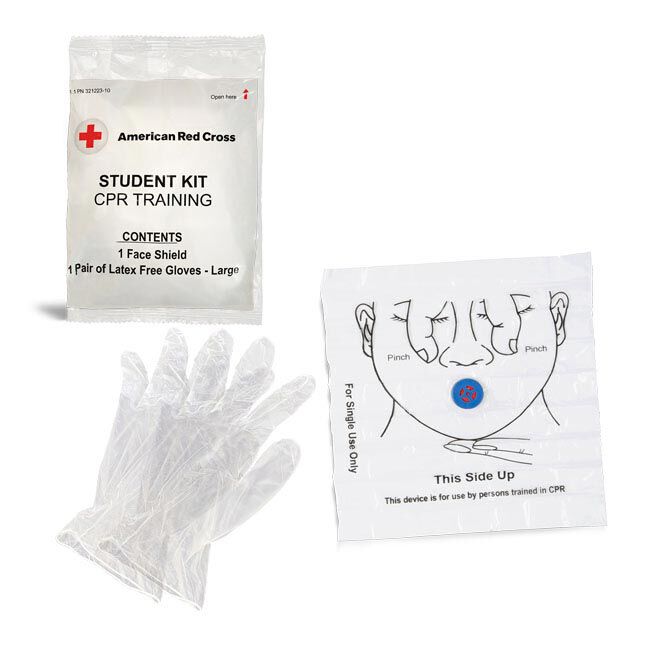 CPR Student Training Kit packaging, face shield with 1-way valve, and pair or nitrile gloves.