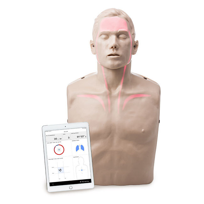 Brayden CPR Pro Adult Manikin with LED Feedback and an iPad showing CPR metrics.