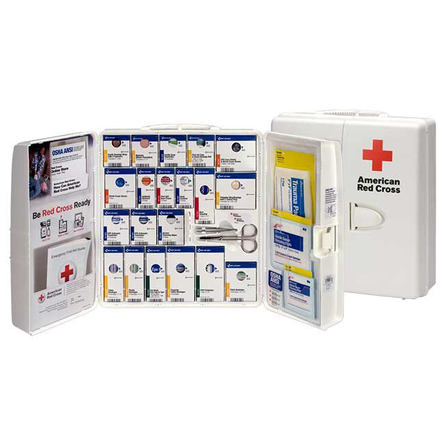 Large 50-Person Workplace ANSI A+ First Aid Kit, open, showing the 82 kit contents in front of a closed Large 50-Person Workplace ANSI A+ First Aid Kit.